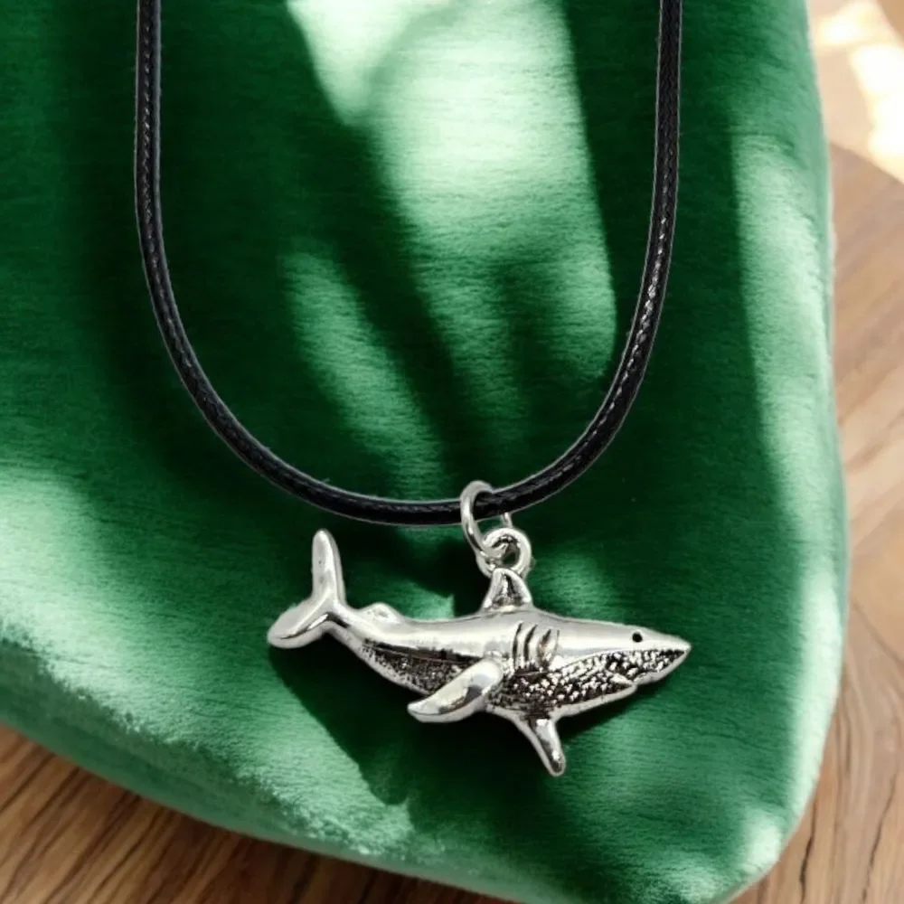 Silver Shark Pendant Nautical Ocean Necklace Black Corded Sea Creature Jewelry